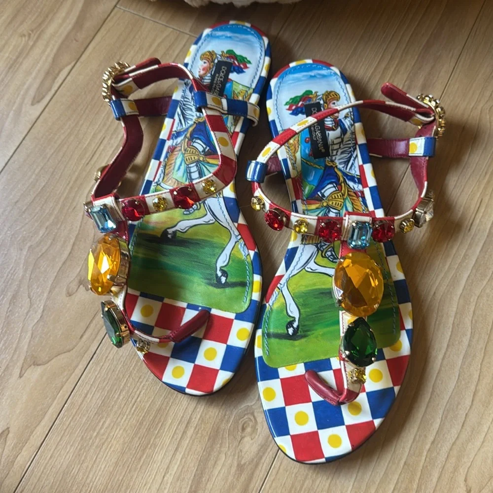 DOLCE & GABBANA  Embellished Patent Leather Thong Sandals - Multicoloured